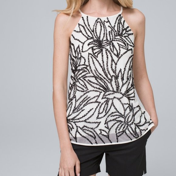 White House Black Market Ivory Beaded Halter Tank Blouse Size MP - Picture 1 of 9
